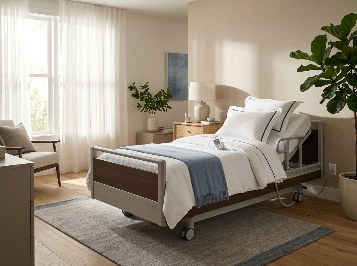 Cama eléctrica hospitalaria especializada instalada en hogar moderno